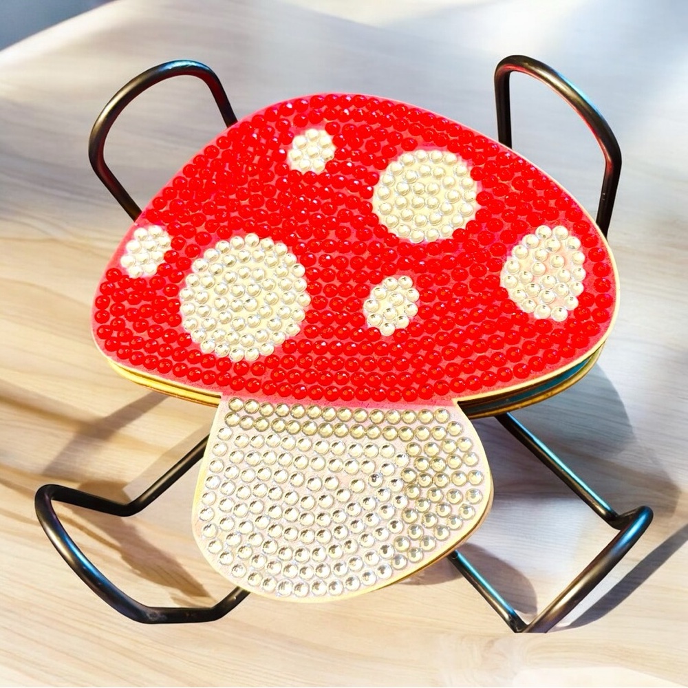 Mushroom Coasters Set of 6 Hand Crafted And Sealed w/Holder Diamond Art - Picture 3 of 3